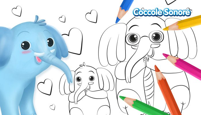 Elefante, papà e figlio, disegni da colorare per la festa del papà, Coccole Sonore,