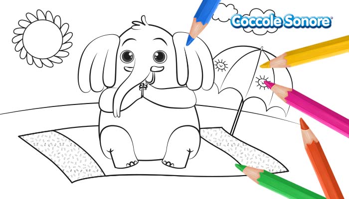 Elefante al mare, disegni da colorare per l'estate, Coccole Sonore