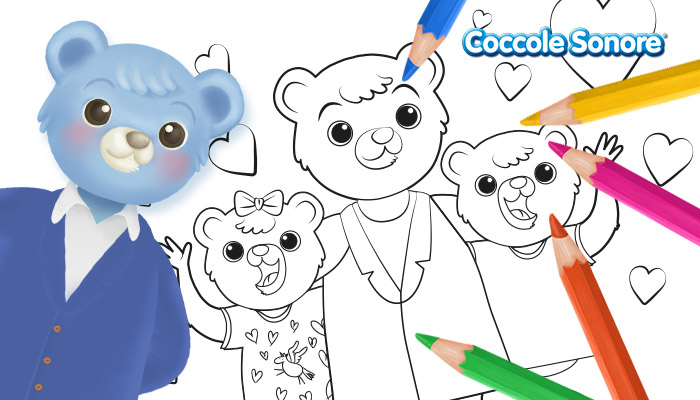 Orsetto, papà e figli, disegni da colorare per la festa del papà, Coccole Sonore,