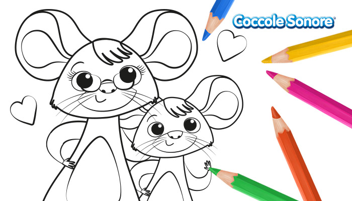 Topino mamma e figlio, disegni da colorare per san Valentino, Coccole Sonore