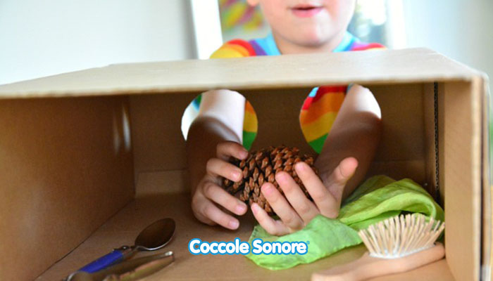 bambino che gioca con la scatola magica Montessori, Coccole Sonore